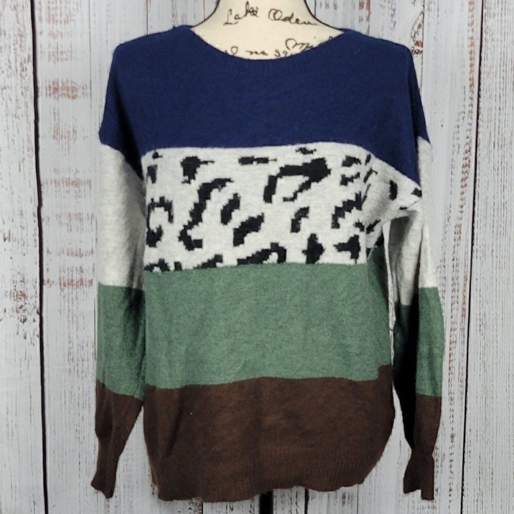 P.S. Love M/L Fuzzy Loose Fit Striped Color Block Cheetah Animal Print Sweater - Picture 2 of 7